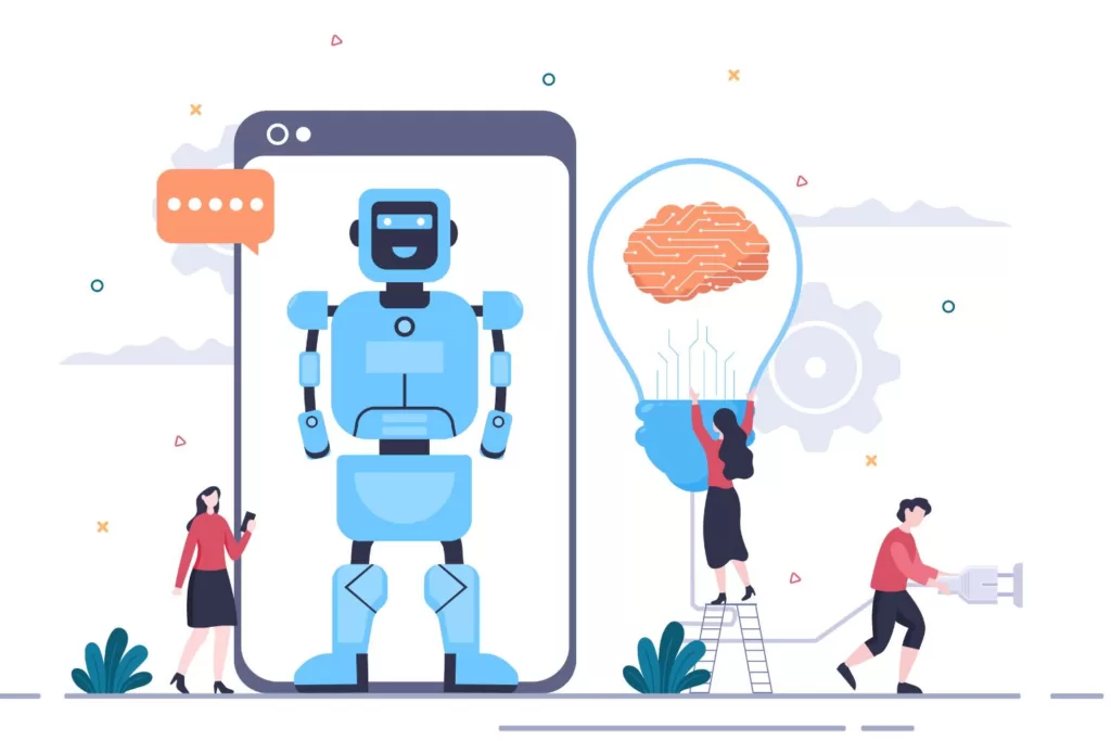 Illustration of a robot and people working together for new marketing ideas