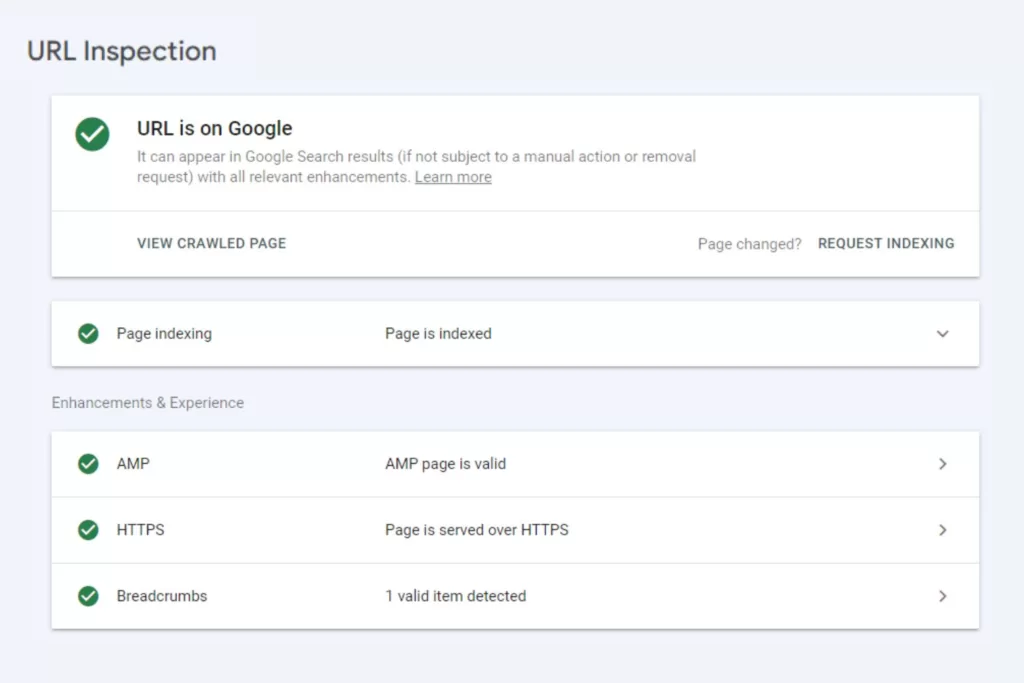 Image of a URL inspection on Google Search Console