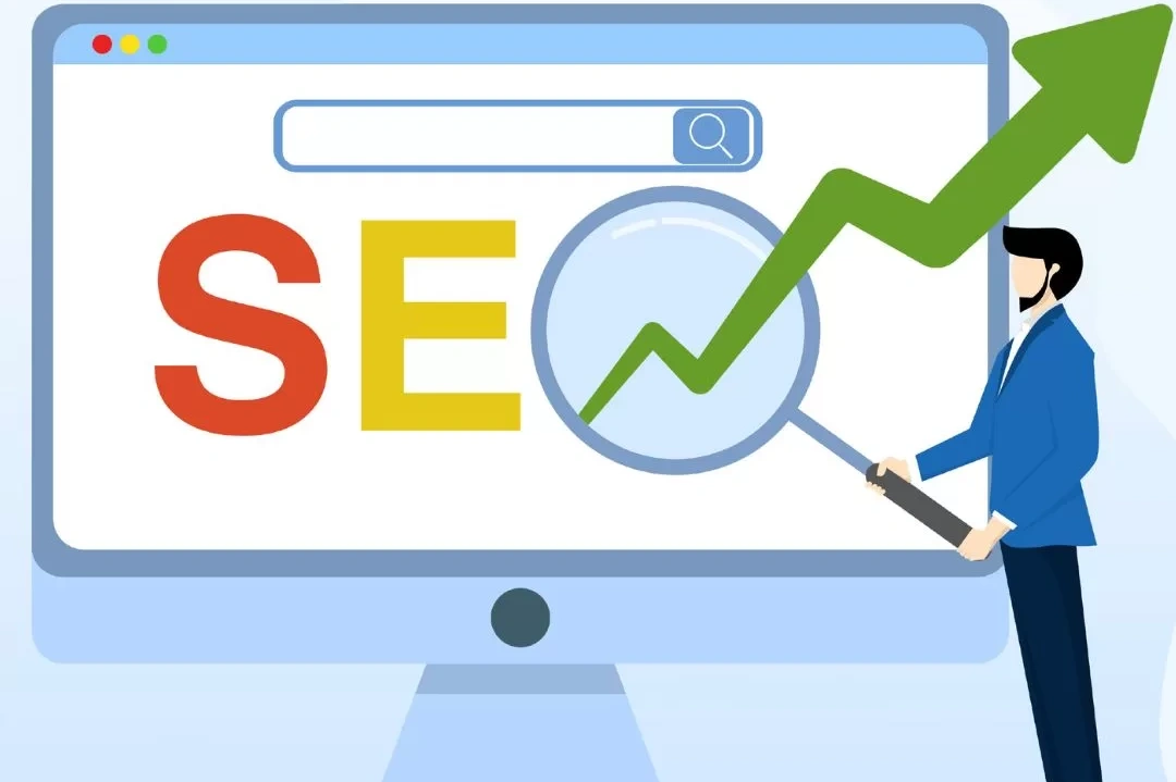 Illustration of a man standing next to a desktop screen that says SEO