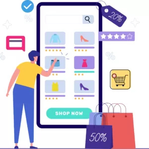 A graphic of a person shopping at an e-commerce store on a mobile device and browsing clothing product listings, coupons, and reviews
