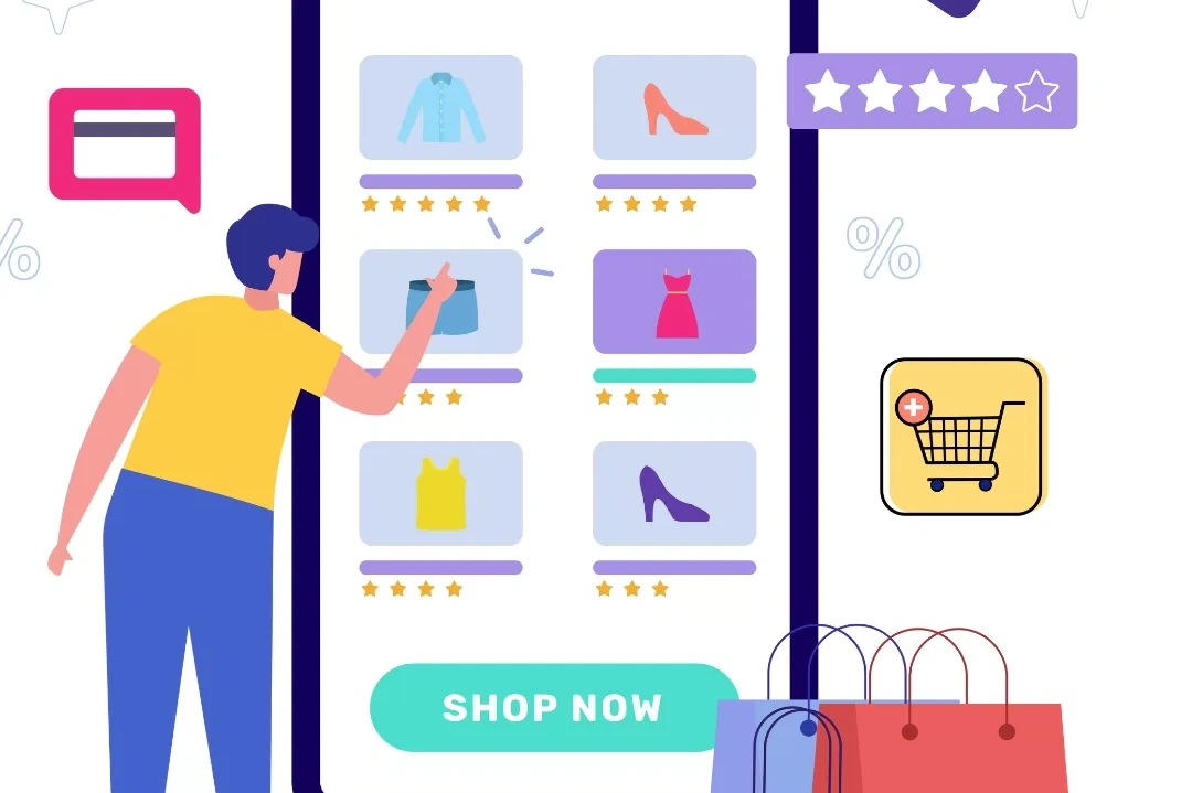 A graphic of a person shopping at an e-commerce store on a mobile device and browsing clothing product listings, coupons, and reviews