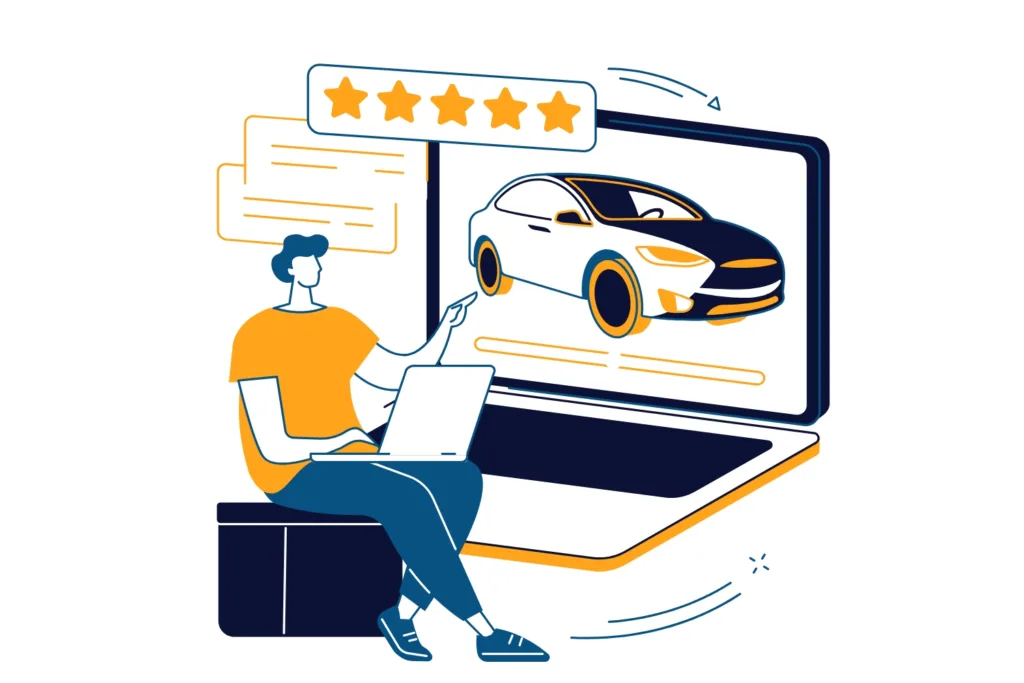 A customer looking at car reviews on a computer