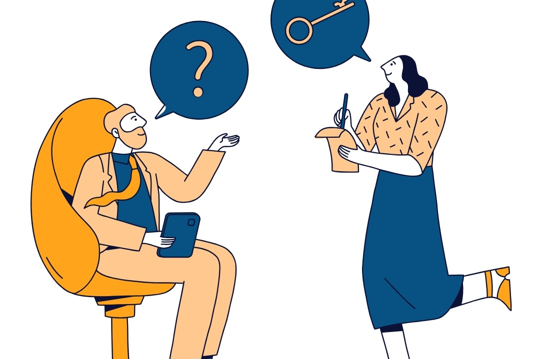 A graphic of one person with a question and another providing the key solution