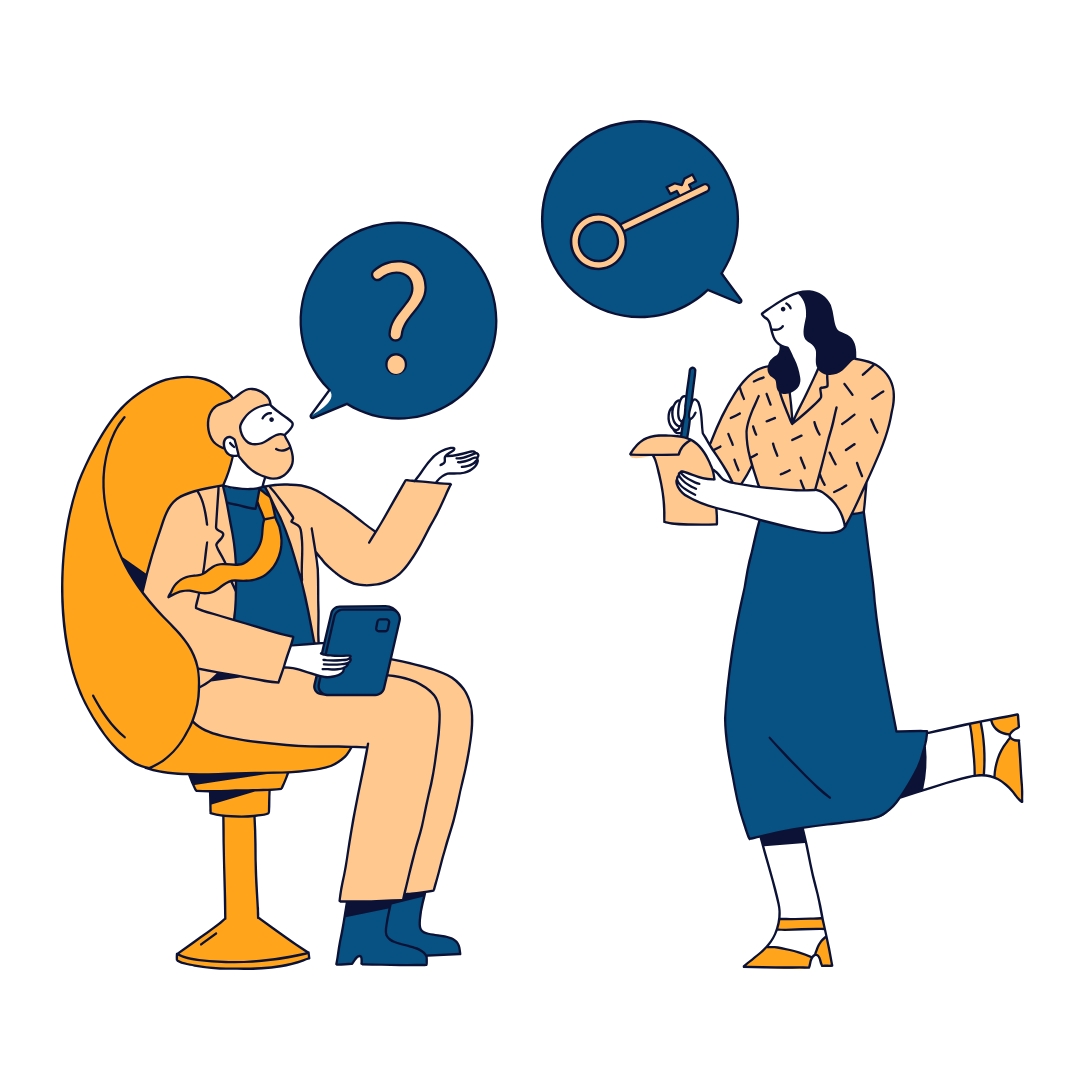 A graphic of one person with a question and another providing the key solution
