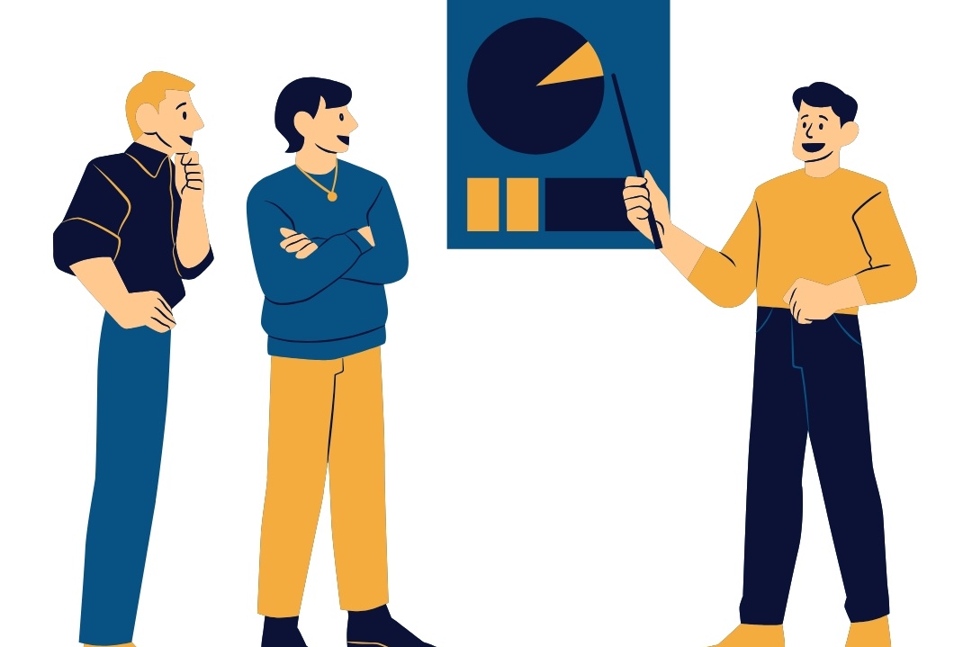 A graphic of three people working on a pie chart report smiling