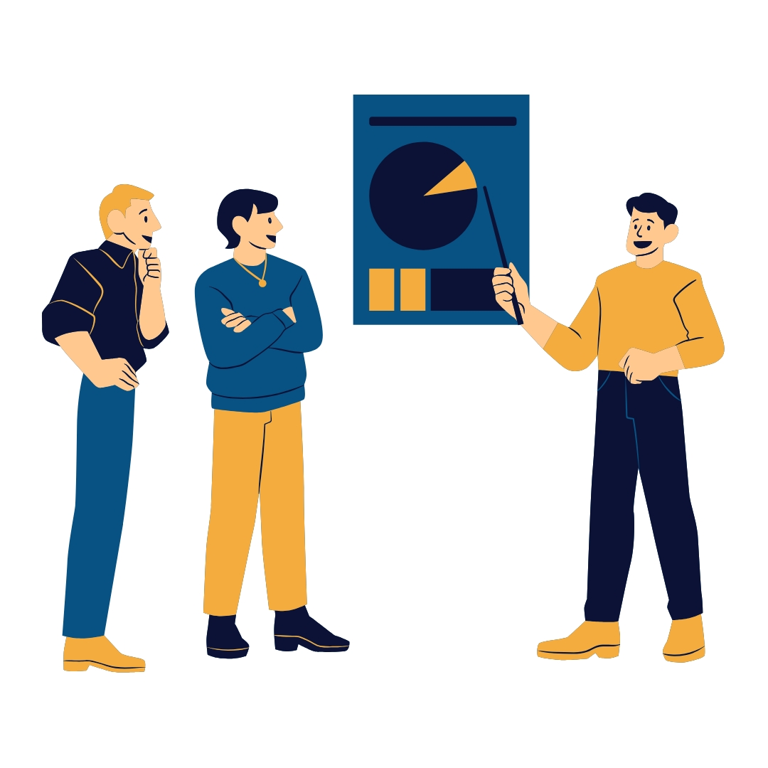 A graphic of three people working on a pie chart report smiling