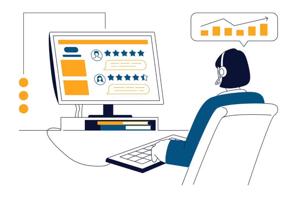 Rear view graphic of a person looking at reviews on a computer at a desk