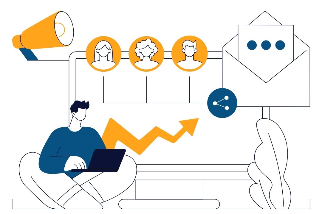 Graphic of a person on a laptop looking at online reviews