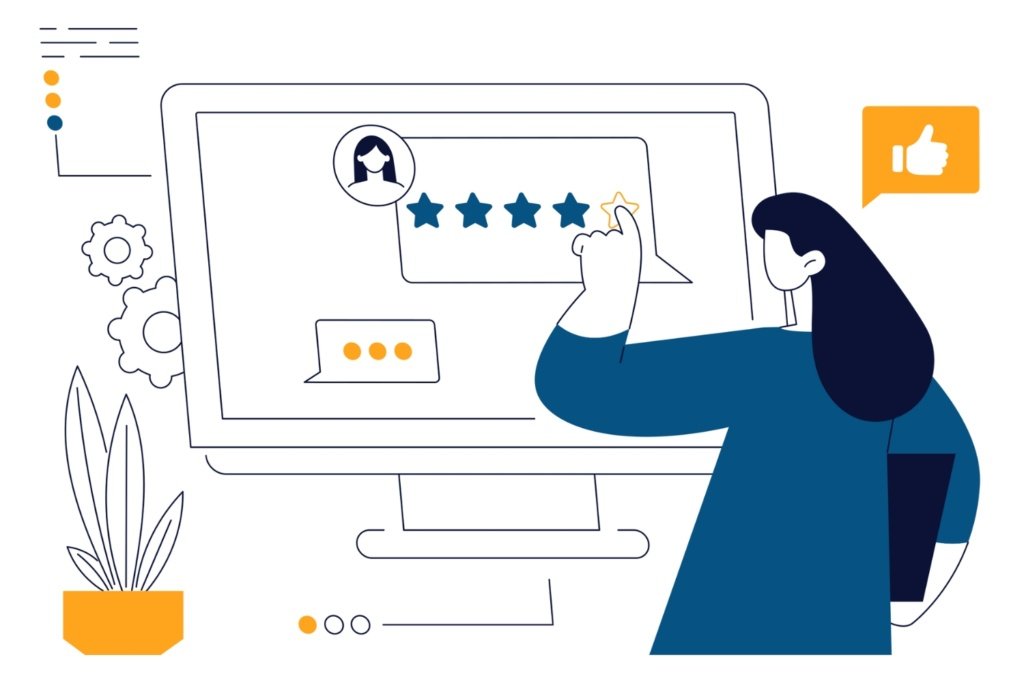 Graphic of a person clicking an online review on a desktop