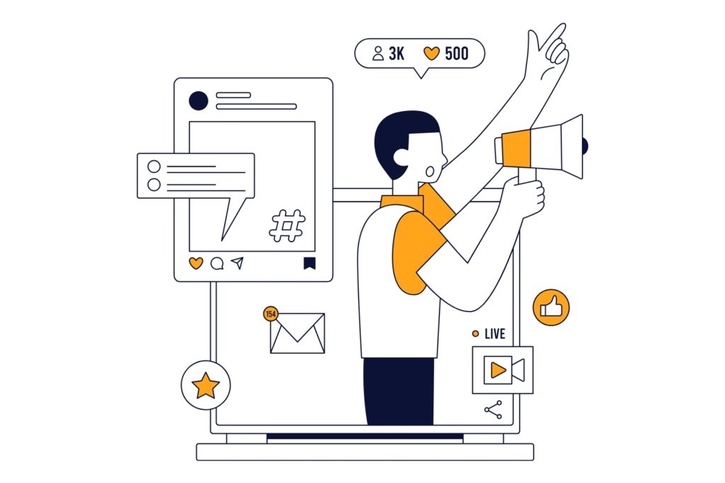 Graphic of a person vouching for a brand on a megaphone with positive reviews on different devices