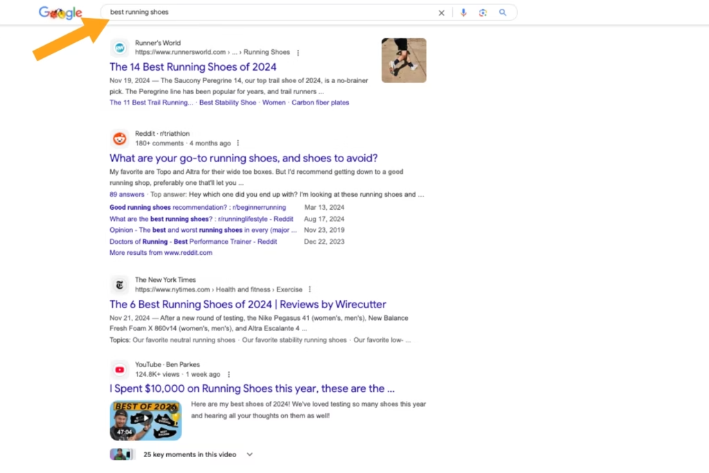 Screenshot of Google search results for the keyword best running shoes with a yellow arrow