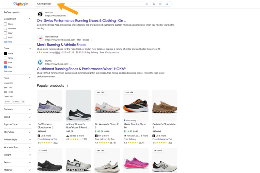 Screenshot of Google search results for the keyword running shoes with a yellow arrow