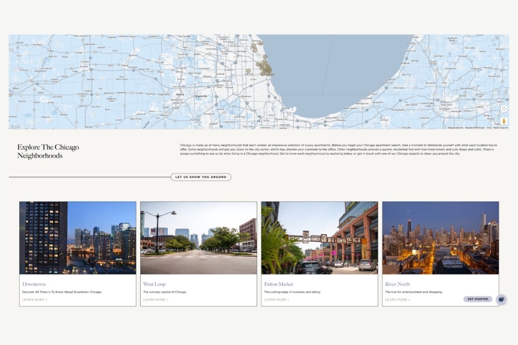 Screenshot of the Luxury Chicago Apartments Chicago Neighborhoods website page