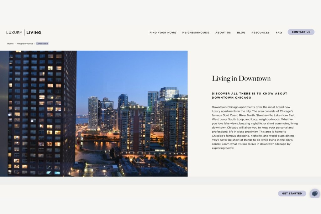 Screenshot of the Luxury Chicago Apartments downtown Chicago website page