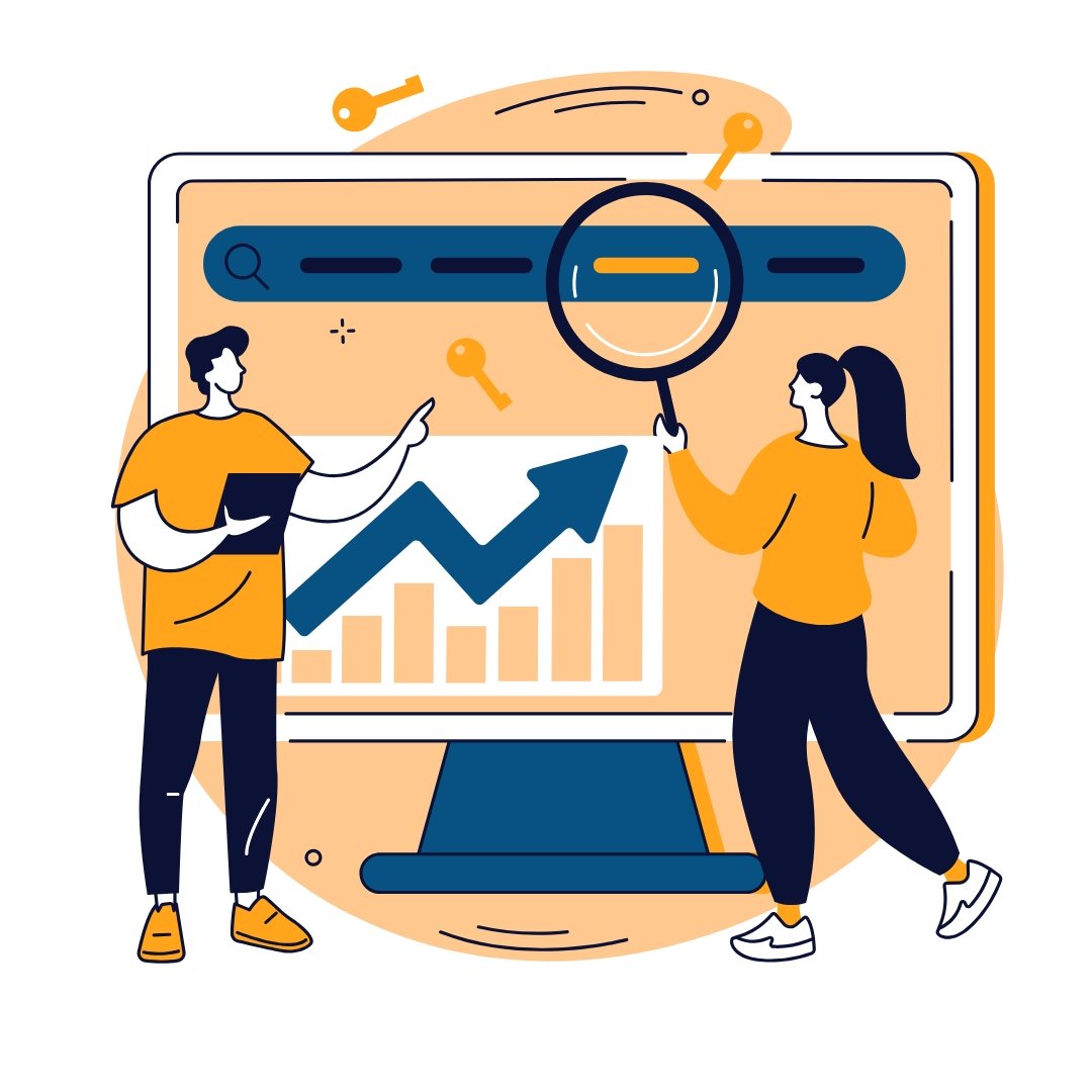 Graphic of two people analyzing keyword opportunities on a desktop