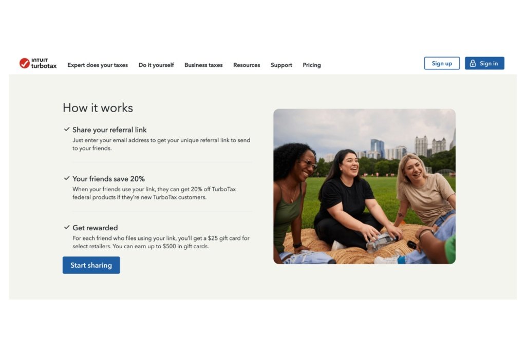 Screenshot of the TurboTax refer a friend website landing page