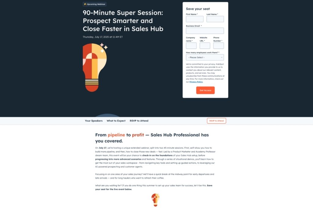 Screenshot of a HubSpot Sales Hub webinar registration website page
