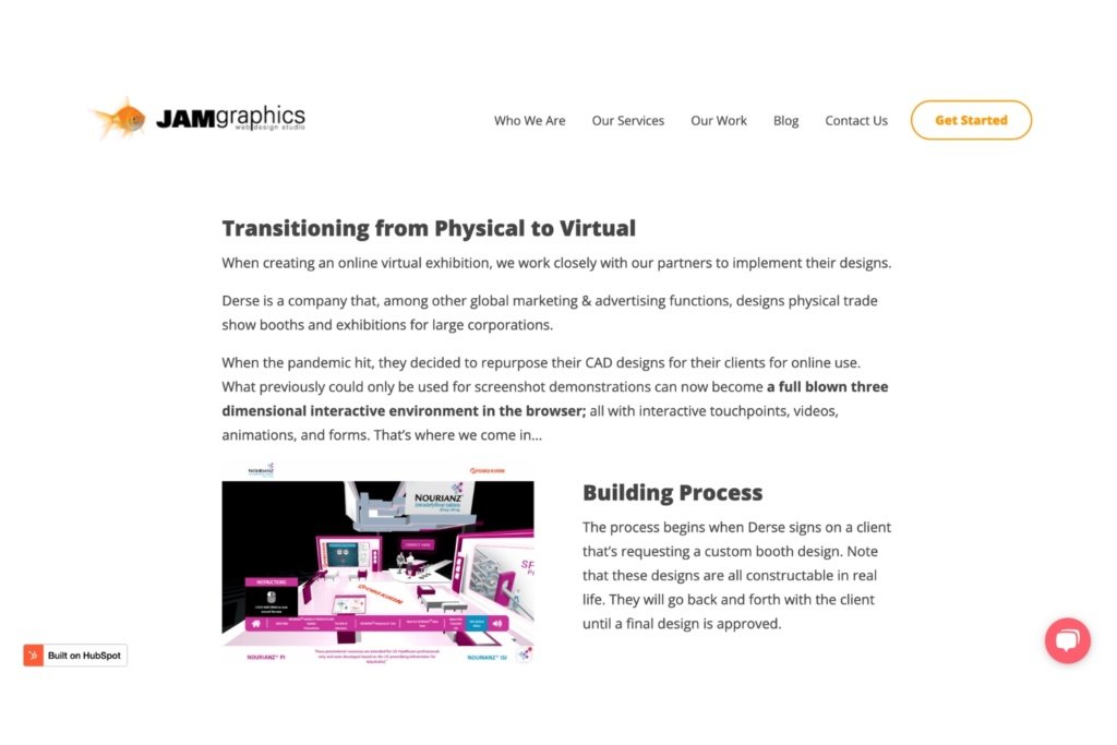 Screenshot of the JAM Graphics digital agency virtual trade show booth services website page