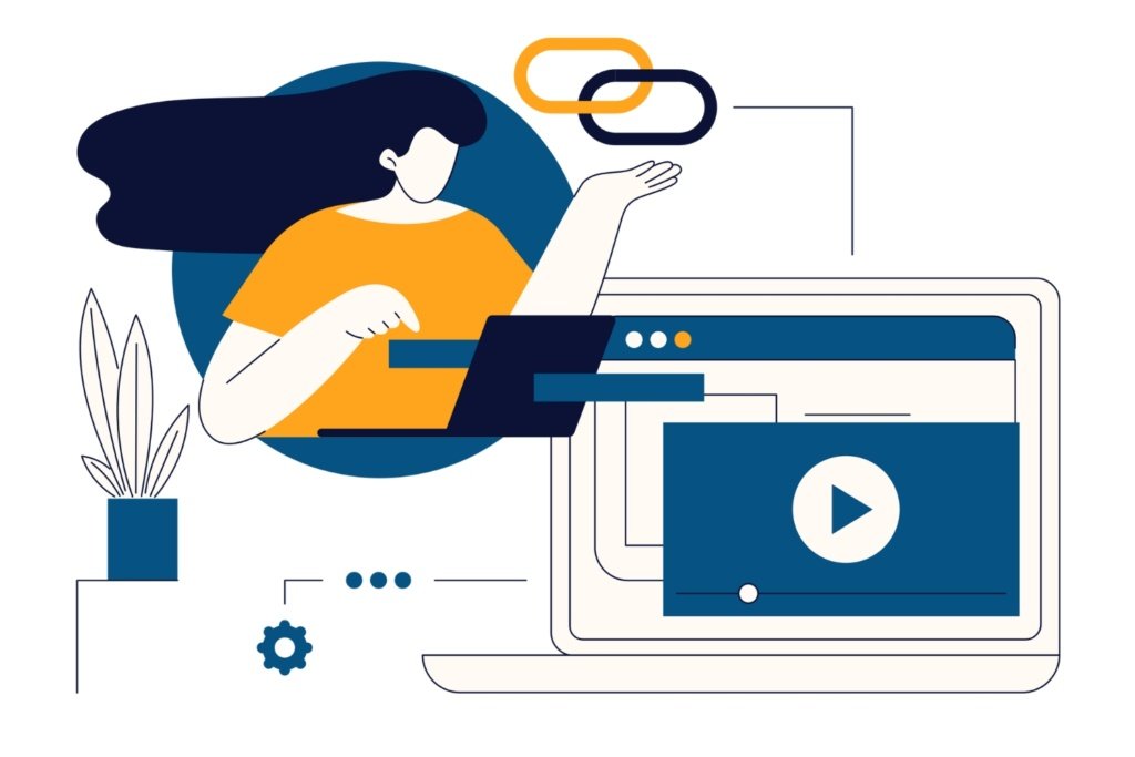 Graphic of a person linkbuilding on a laptop with a plant next to her