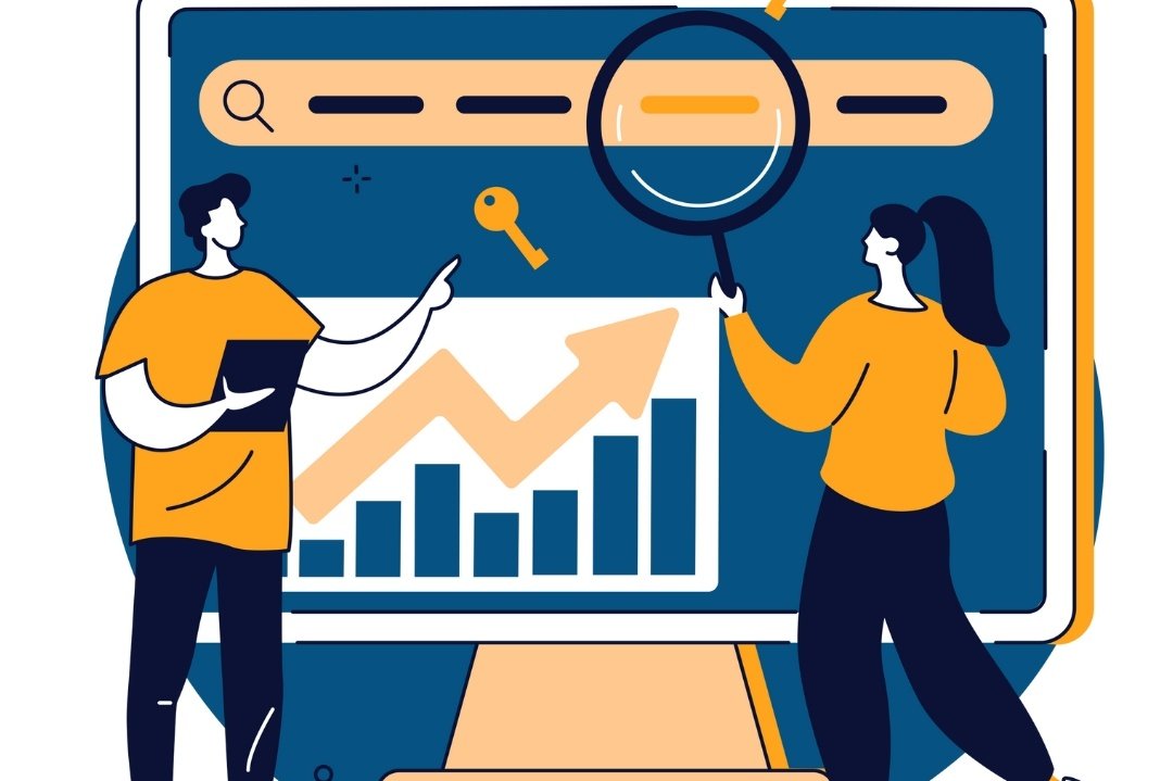 A graphic of two people analyzing their website's analytics on a desktop computer
