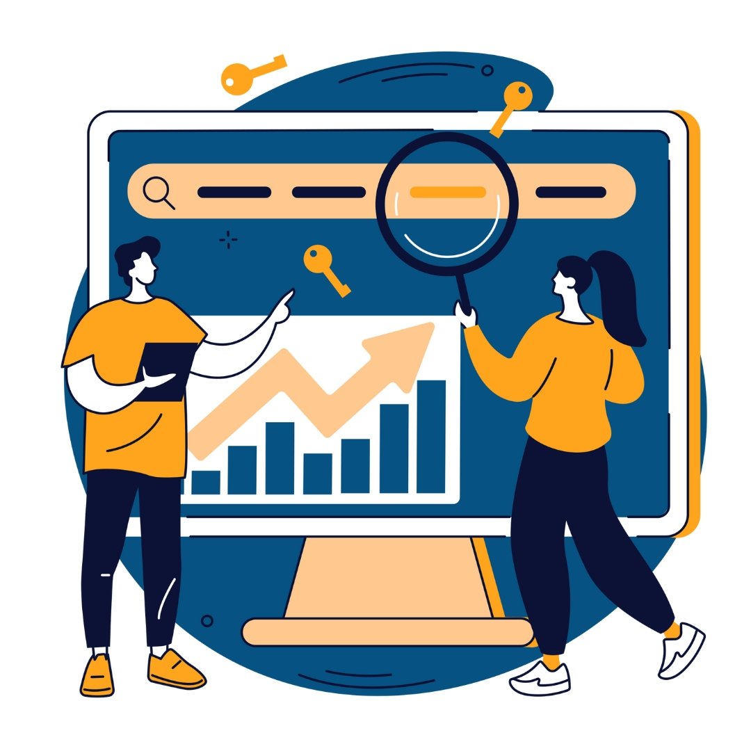 A graphic of two people analyzing their website's analytics on a desktop computer