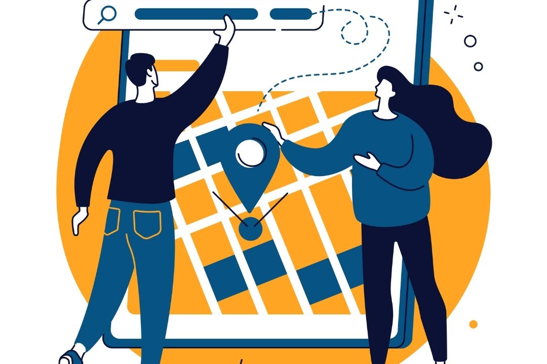 A blue and yellow graphic of two people optimizing their local business online