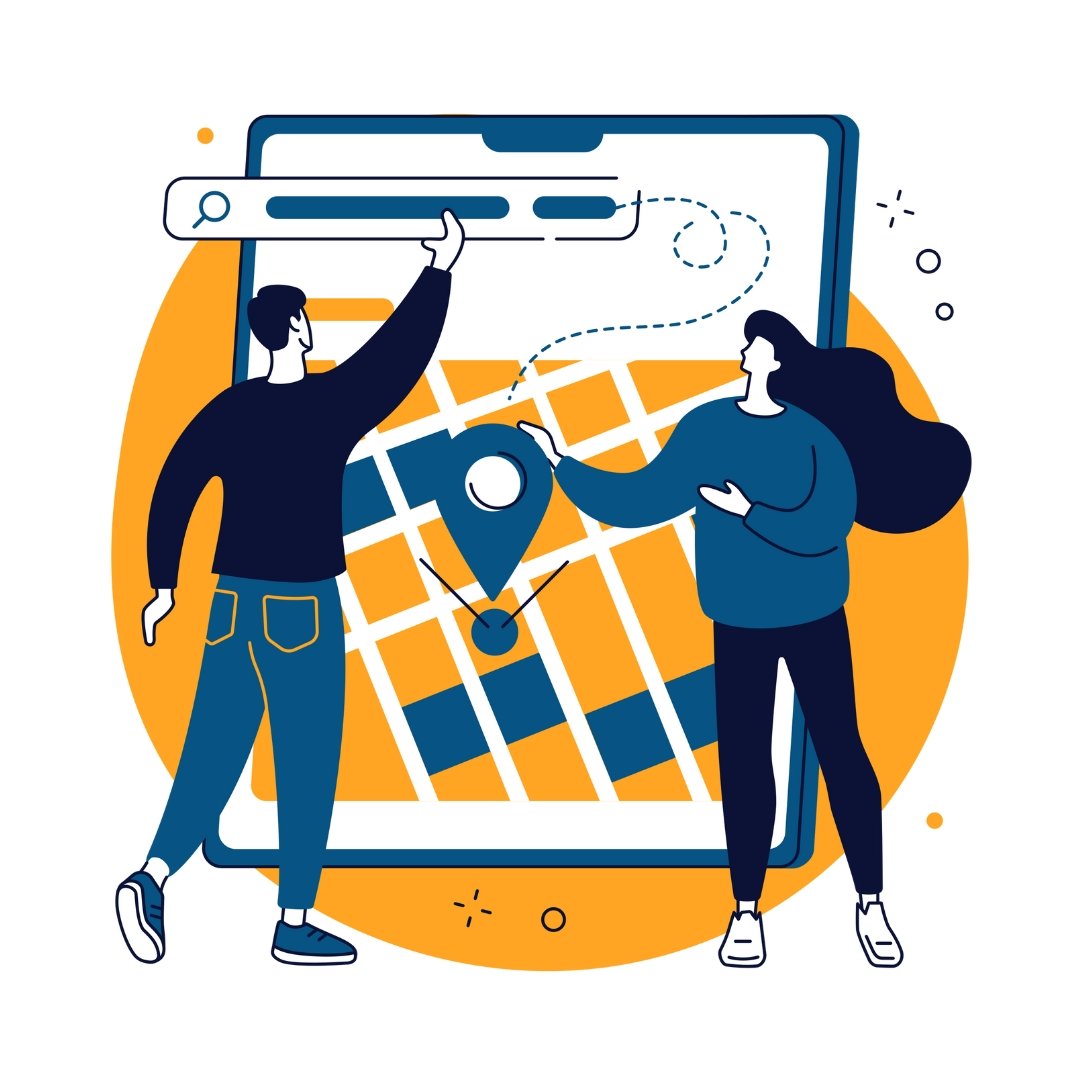 A blue and yellow graphic of two people optimizing their local business online