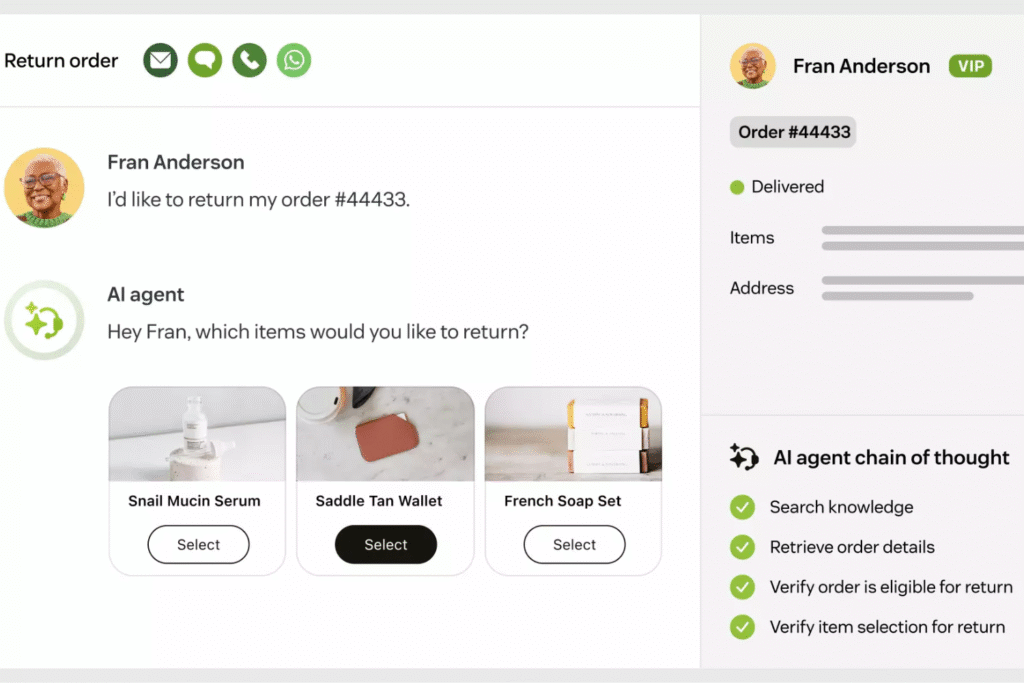 Screenshot of zendesk's website chatbot conversation with a user about an order return
