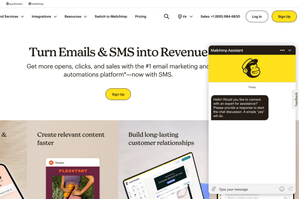 Screenshot of Mailchimp's website chatbot on the home page