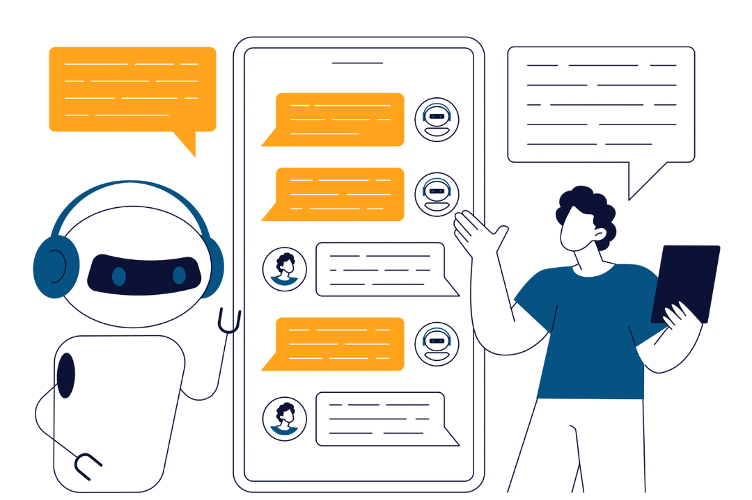 A graphic of a person speaking with a chatbot online