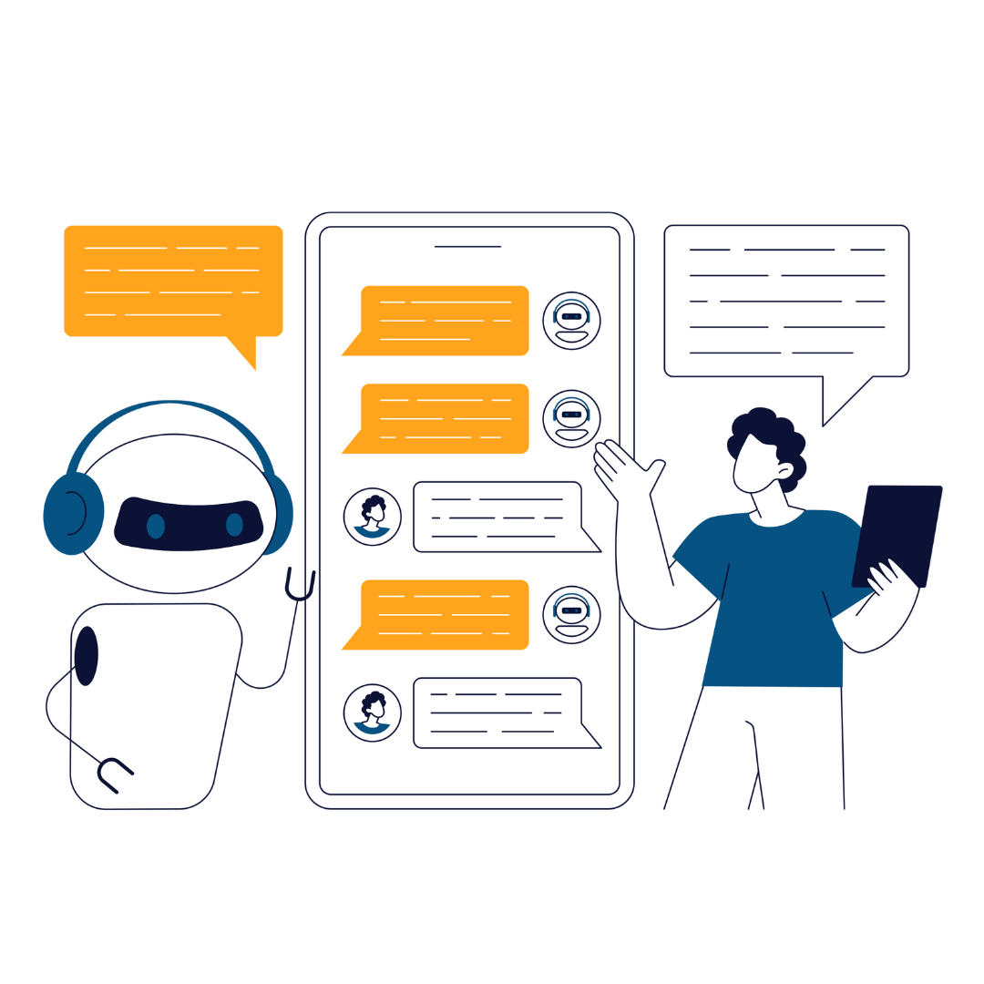 A graphic of a person speaking with a chatbot online