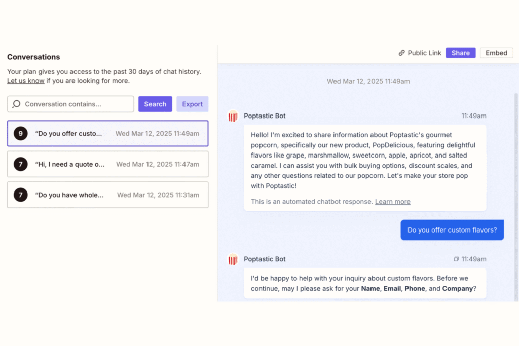 Screenshot of Zapier's website chatbot conversation with a user about Poptastic Bot's popcorn flavors