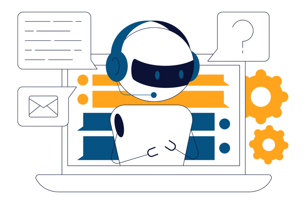 A graphic of a chatbot answer questions on a laptop