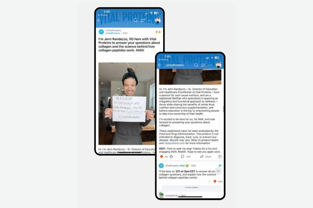 A dual screenshot of a Reddit Ask Me Anything mobile ad for Vital Proteins