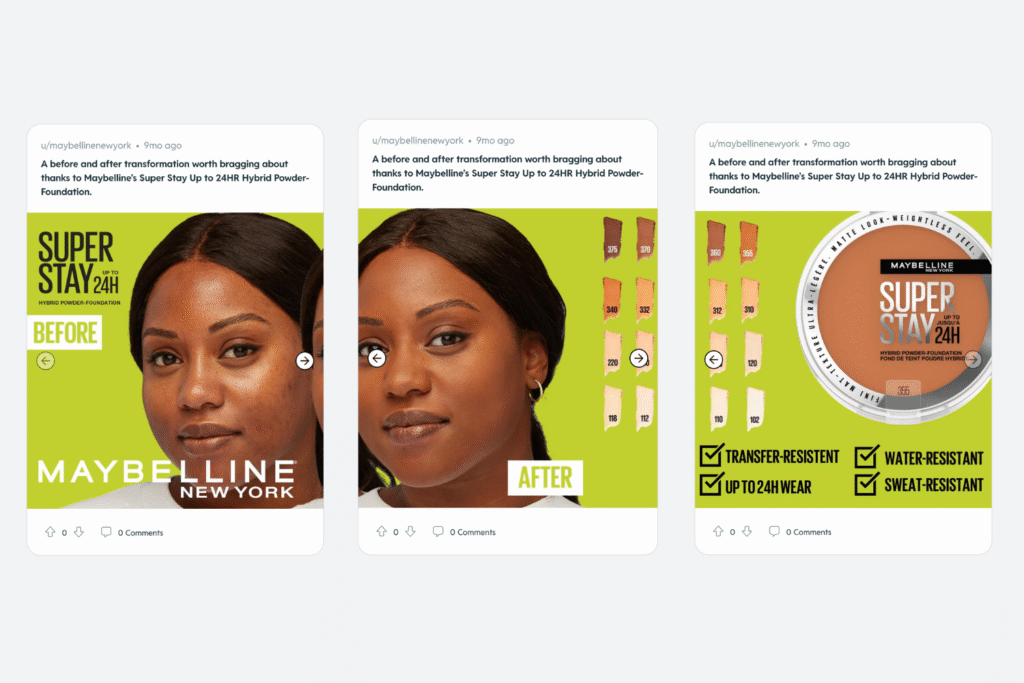 A Reddit carousel image mobile ad with three model and product images of Maybelline foundation