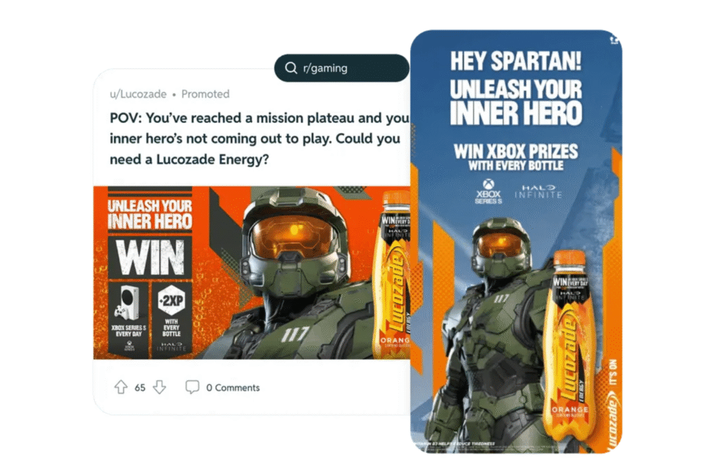 A screenshot of a Reddit Category Takeover ad promoting the HALO Infinite game with the Lucozade Energy drink on desktop and mobile