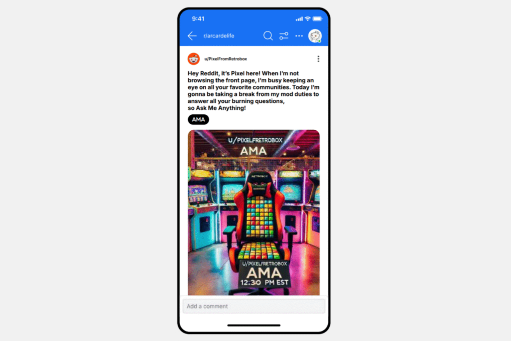 A screenshot of a Reddit Community Ask Me Anything mobile ad for Pixel Retrobox