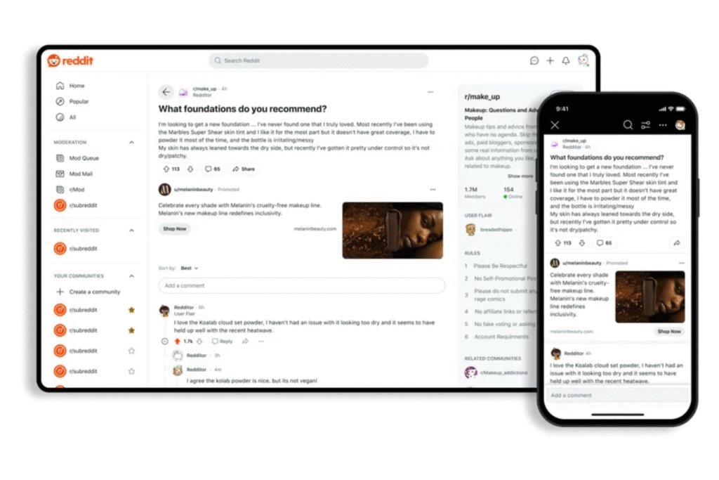 Screenshot of a Reddit Conversation Ad on desktop and mobile for makeup foundation recommendations