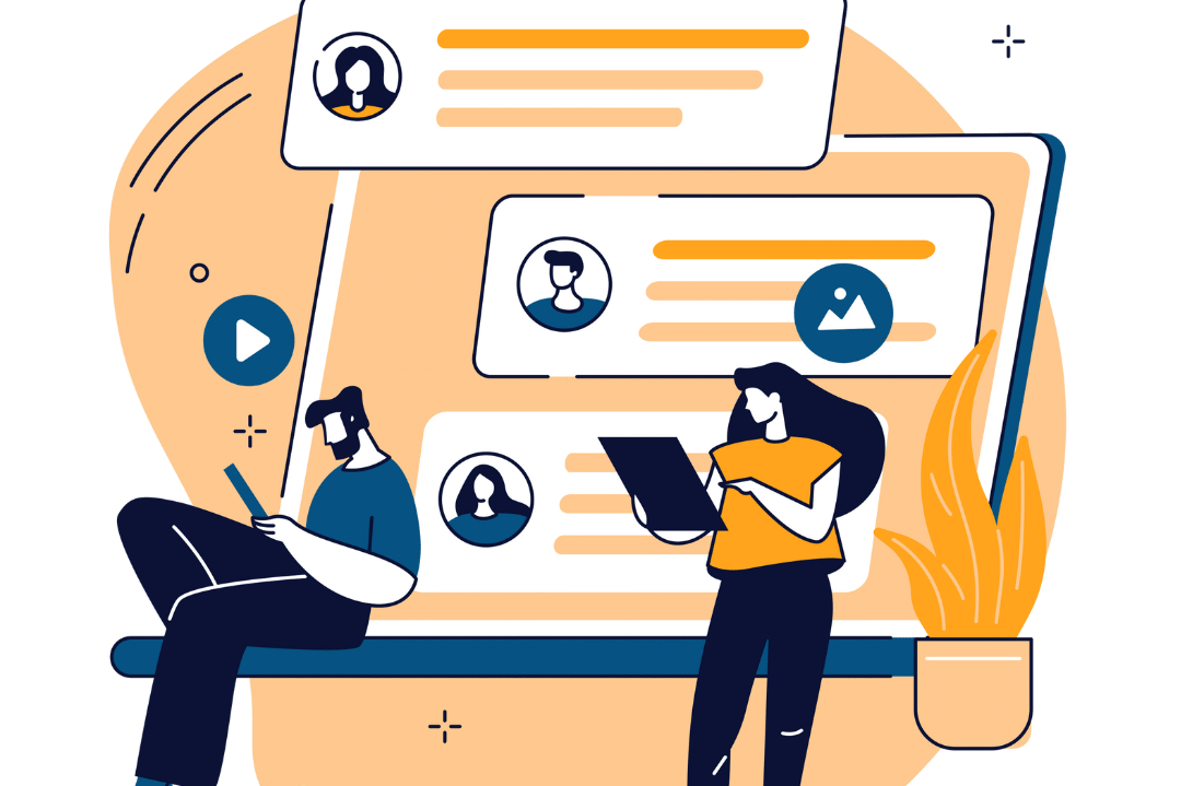 A graphic of two people chatting online on a laptiop with a plant next to it