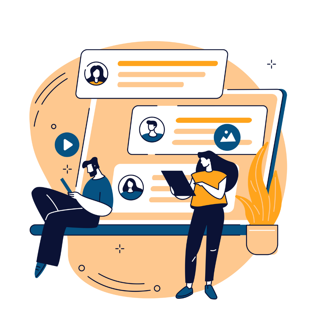 A graphic of two people chatting online on a laptiop with a plant next to it