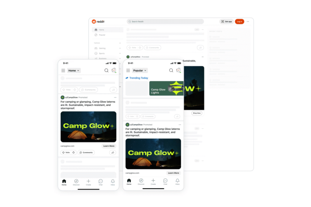 A screenshot of a First View Reddit advertising campaign on mobile and desktop promoting Campaign Glow lanterns