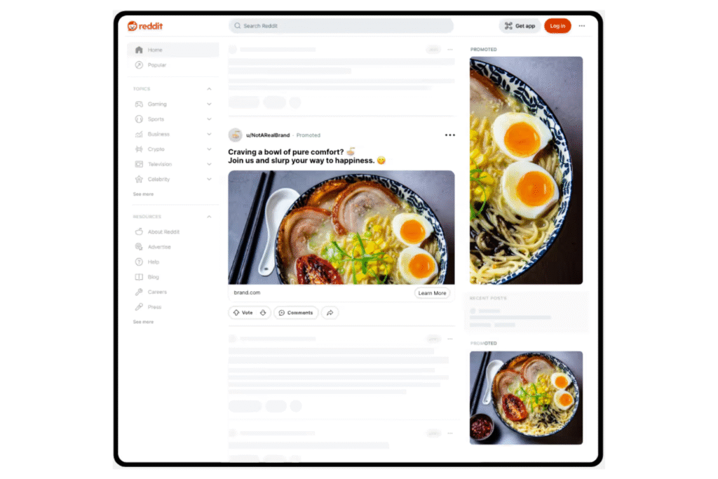 A screenshot of a sample Front Page Takeover Reddit advertising campaign on desktop featuring ramen