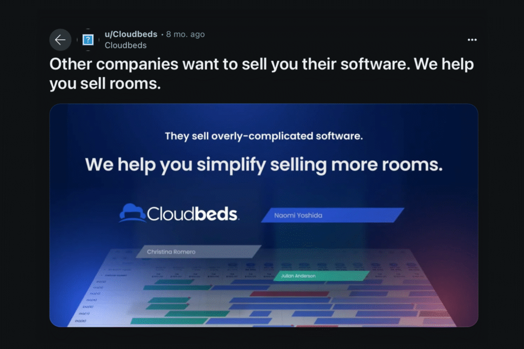 A closeup screenshot of a Cloudbeds Reddit image ad