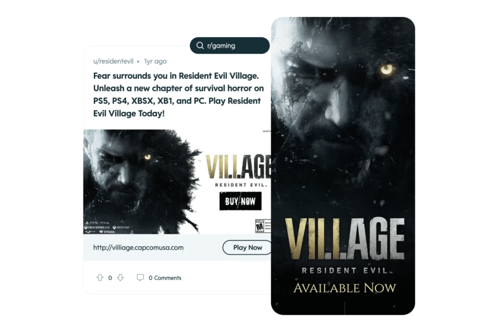 A screenshot of a Reddit Takeover ad campaign on mobile and desktop for the Resident Evil Village movie