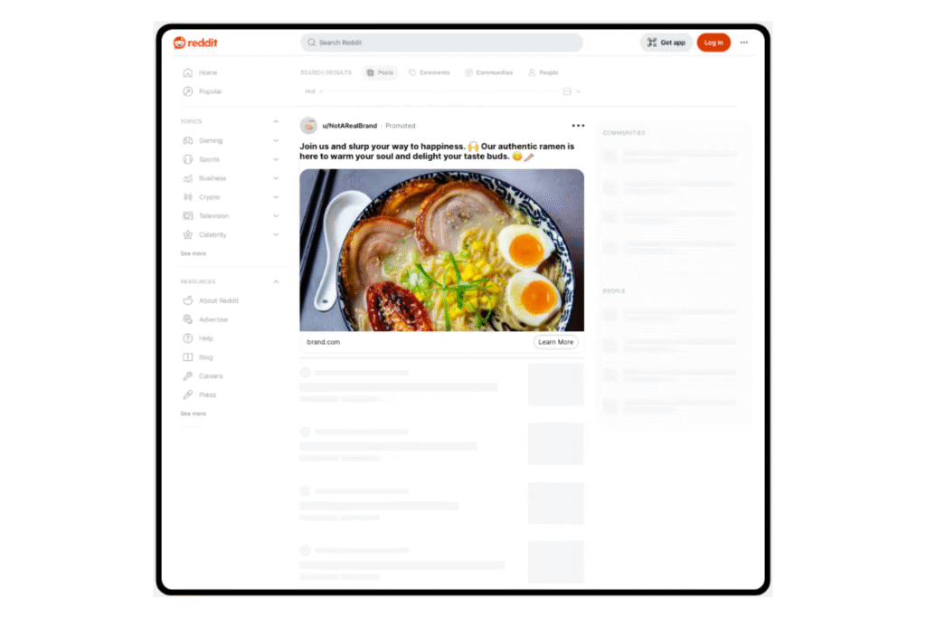 A screenshot sample of a Reddit Trending Takeover ad on desktop featuring ramen