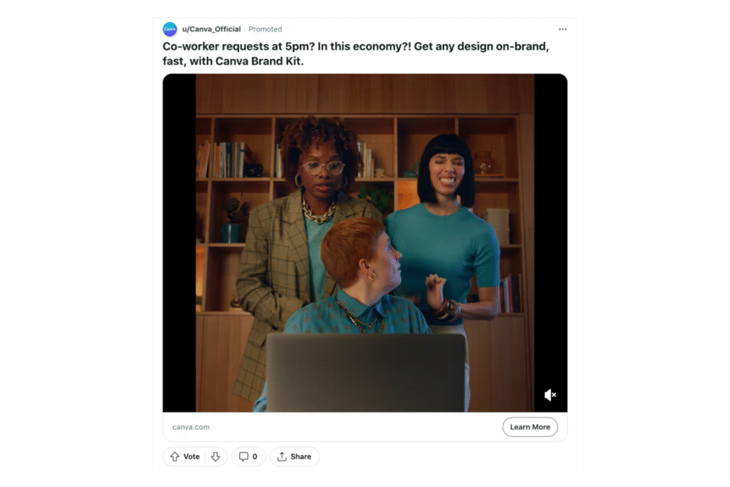 A screenshot of a Reddit video ad on desktop for Canva's Brand Kit